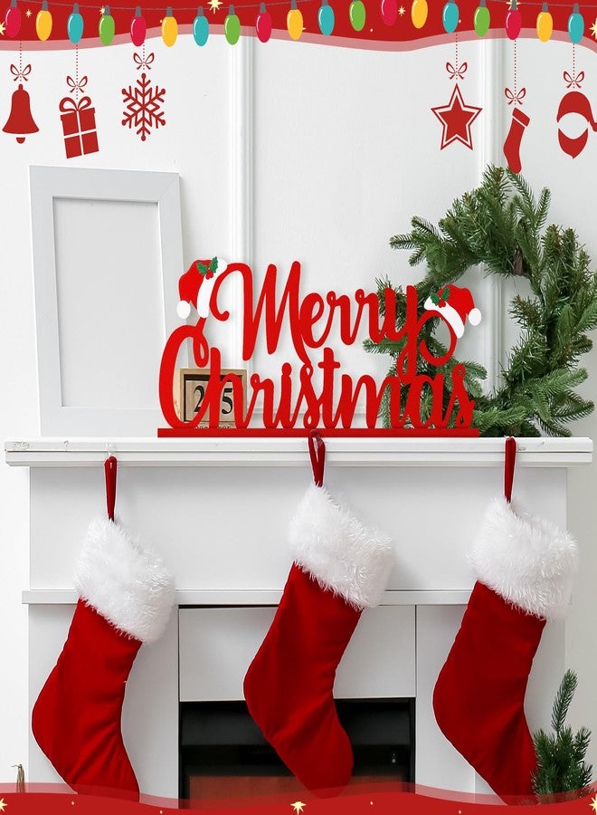 Realspring Merry Christmas Metal Sign Red Christmas Table Decoration Xmas Tiered Tray Decor Freestanding Metal Word Sign with Wooden Base for Xmas Home Tabletop Centerpiece Mantel Fireplace - Image 3